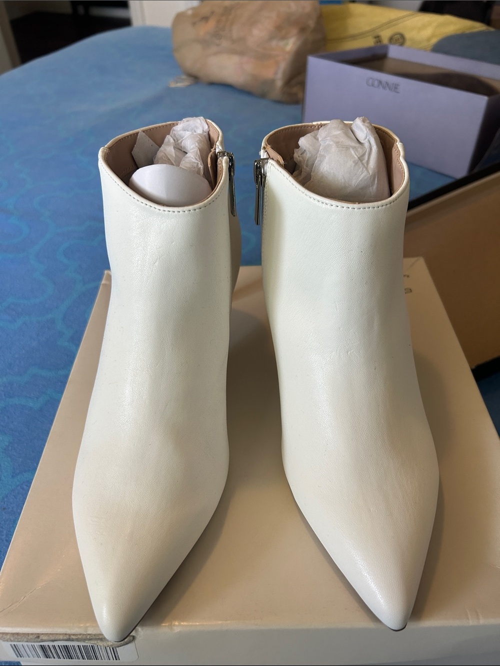 White Pointed Toe Leather Ankle Booties
